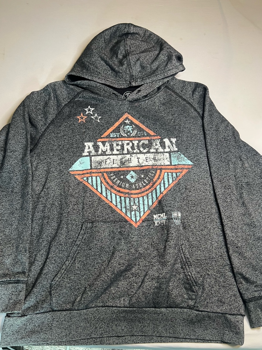 American Fighter Dark Gray Hoodie with Teal & Rust Graphic